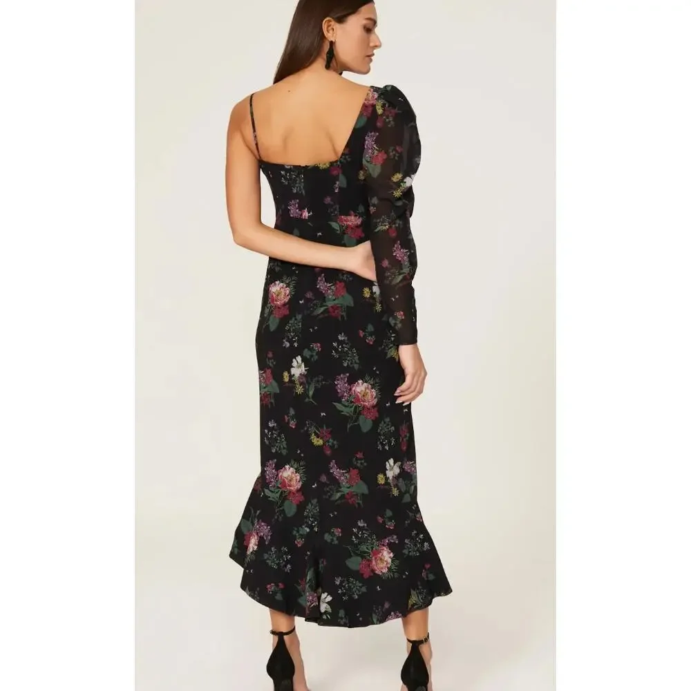 Amur Black Floral Chiffon Midi Dress SIZE 10 Cocktail Romantic Designer $600 - Picture 4 of 10